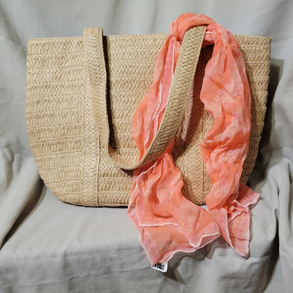 Draper James Straw Tote Bag w/Bonus Vintage Vera sheer Silk Scarf